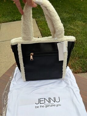 JENNU Black Vegan Leather Sherpa Trim Tote Shoulder Bag NWT